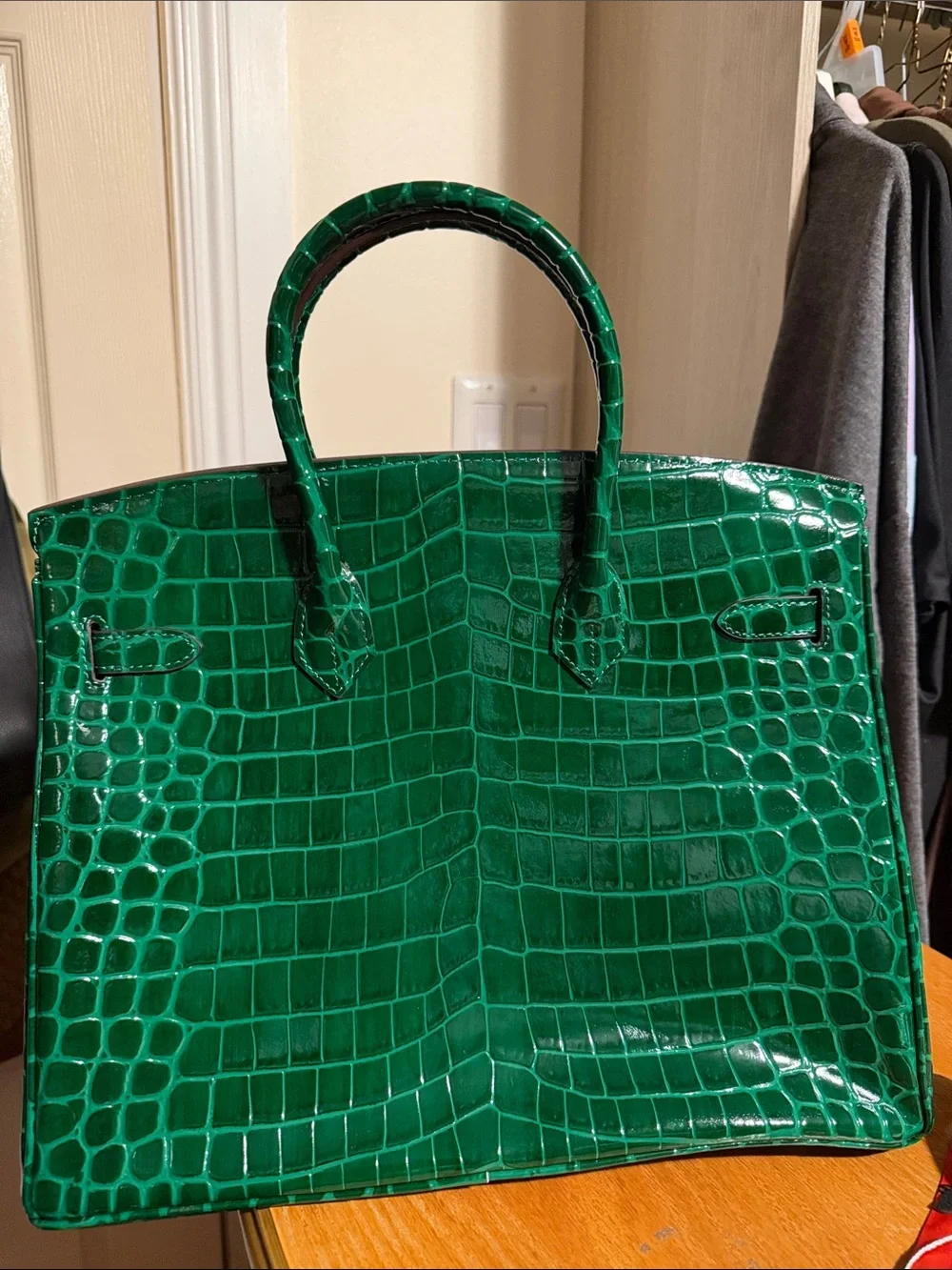Green Croc-Embossed Top-Handle Tote